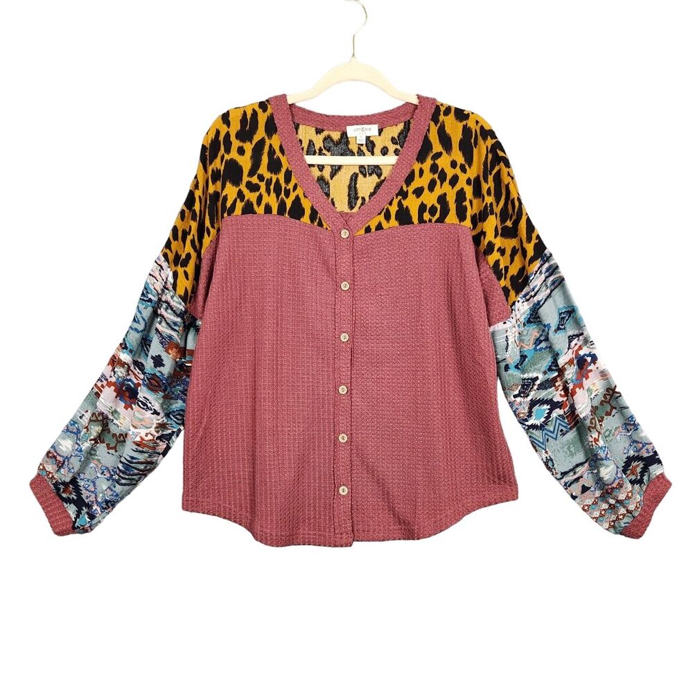 UMGEE Red Waffle Knit Cheetah Mixed Print Boho Button Top Comfortable SIZE SMALL - Picture 4 of 13